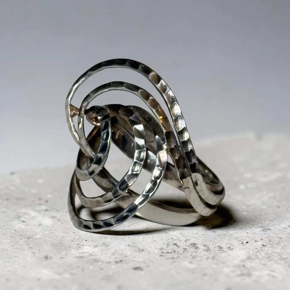 Vintage Sterling Silver 925 Hammered Abstract Modernist Swirl Ring Size 10